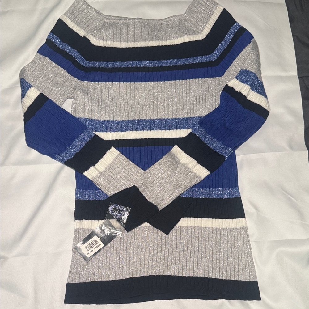INC International Concepts Off-the-Shoulder Sweater in Blue and Gray